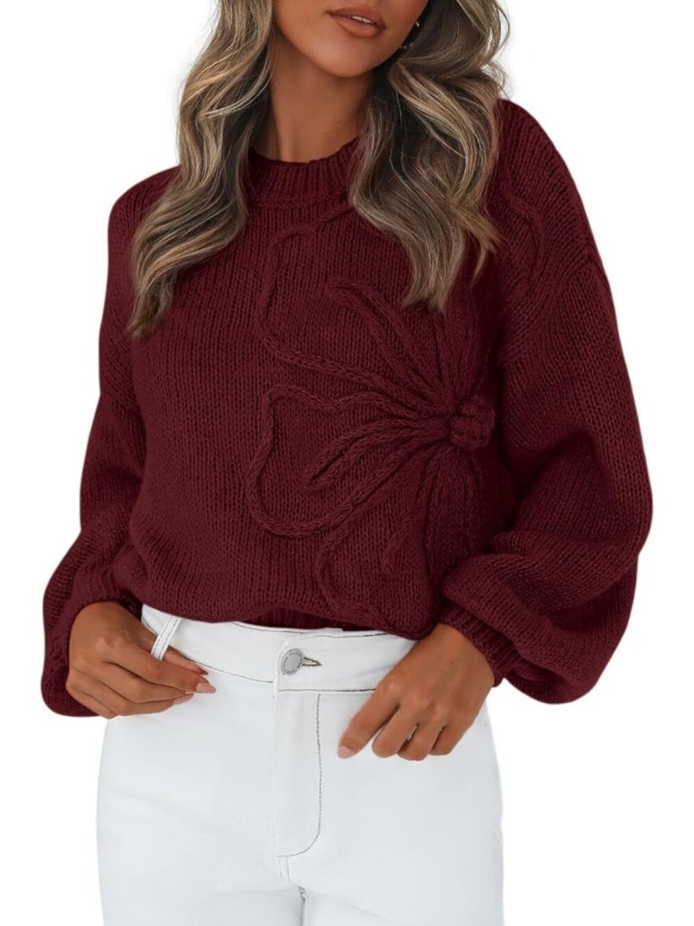 ๐Women's Burgundy Oversized 3D Floral Knit Sweater Crew Neck Lantern Sleeve